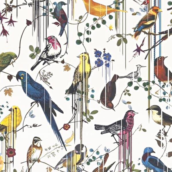 Designers Guild, Christian Lacroix, Birds Sinfonia, Neige colourway, cotton fabric sold by the half metre / 19.5 inches.