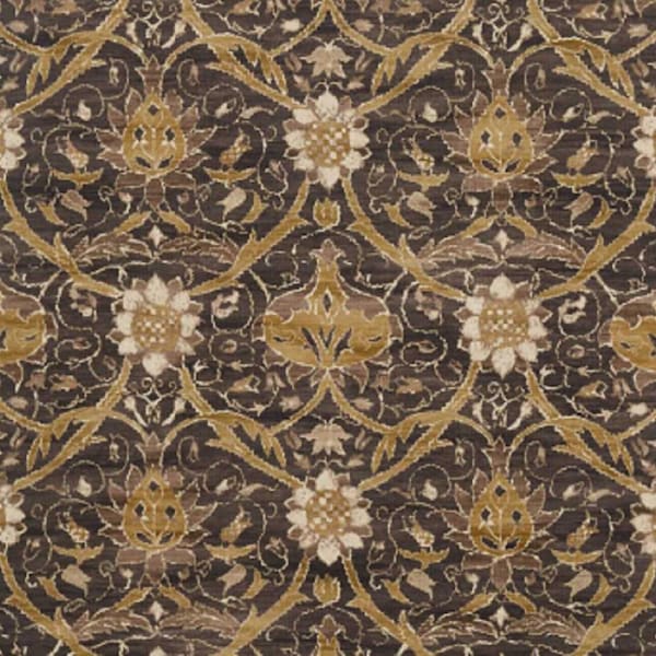 Morris and Co, Montreal, Charcoal  / Mustard colourway, viscose and linen blend fabric, sold by the half metre / 19.5 inches.