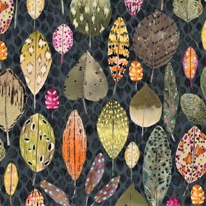 May include: A seamless pattern featuring a variety of colourful leaves and feathers on a dark grey background. The leaves are in various shapes and sizes, with some having a speckled or patterned design. The feathers are also in various colours and patterns, with some having a more abstract design.