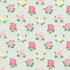 Sanderson, Lamorna, duck egg rose colourway, 100% cotton chintz fabric sold by the half metre / 19.5 inches.