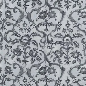 May include: A repeating pattern featuring a floral damask design in shades of gray and white. The pattern includes stylized flowers, leaves, and scrolling elements, creating a classic, elegant aesthetic. The design is suitable for fabric or wallpaper.