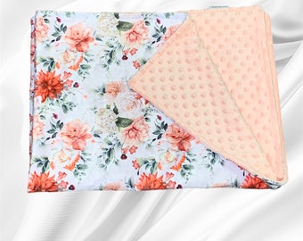 Blanket, minky with flower pattern, coral