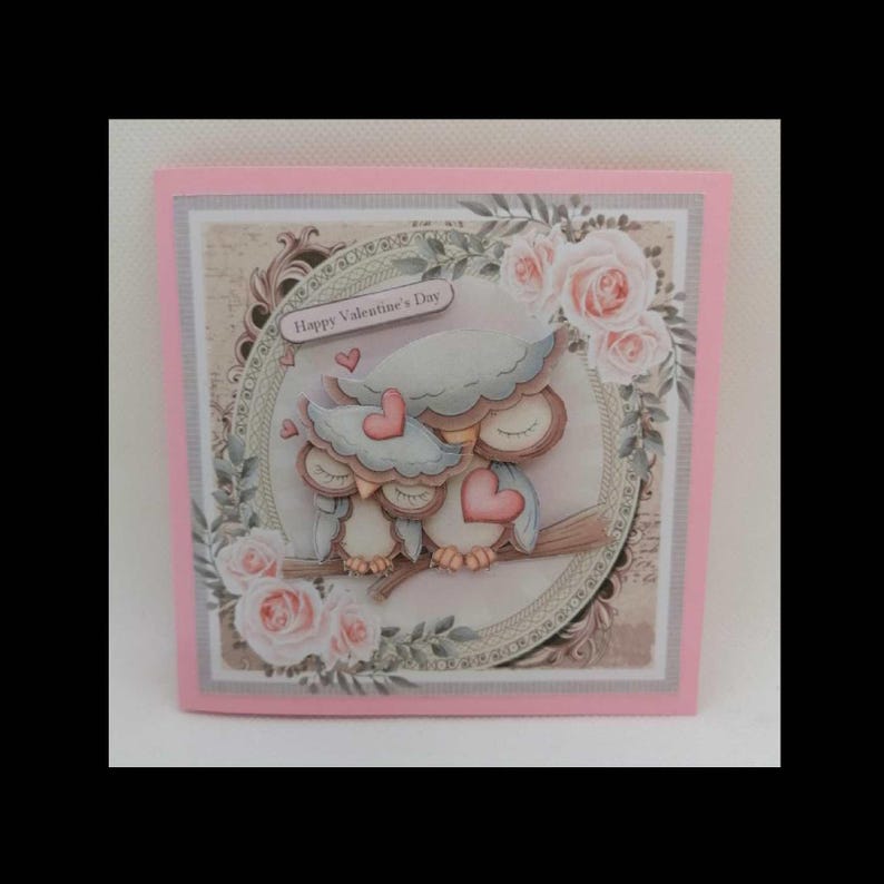 Carte saint Valentin avec chouettes, carte amitié, carte fait main , carte en 3D. image 1