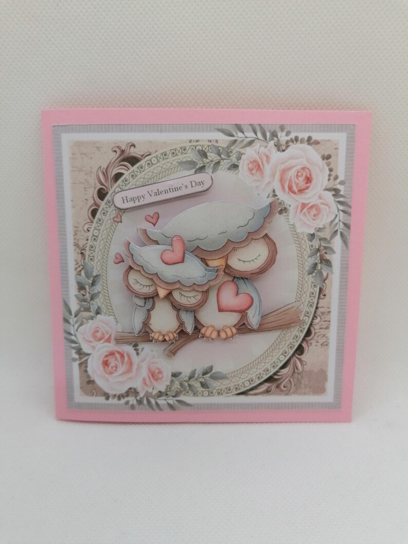 Carte saint Valentin avec chouettes, carte amitié, carte fait main , carte en 3D. image 2