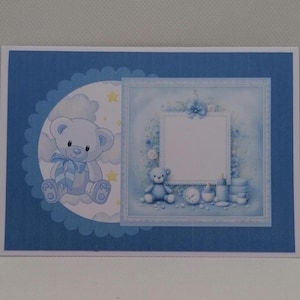 Carte naissance bleue , carte avec nounours , carte en digiscrap, carte unique.