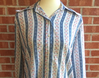 Vintage 1970s JcPenney Fashions cream, blue, pink, and purple floral button down