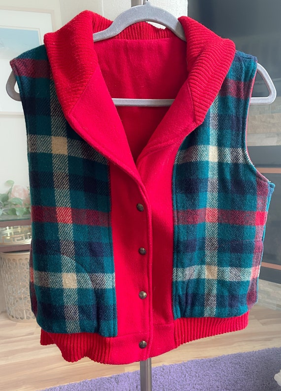 Vintage teal, blue, white, and red plaid wool vest