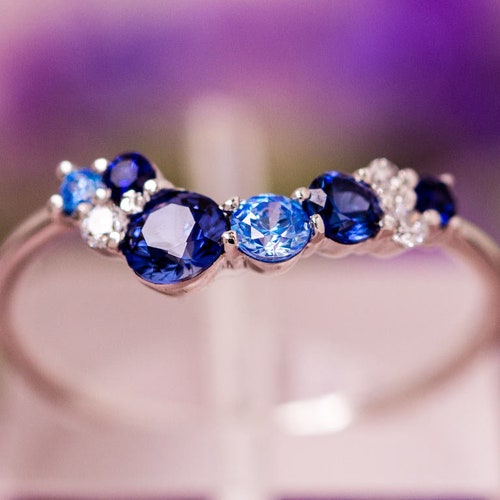 Unique Sapphire Curved Wedding Band Crown Wedding Band | Etsy