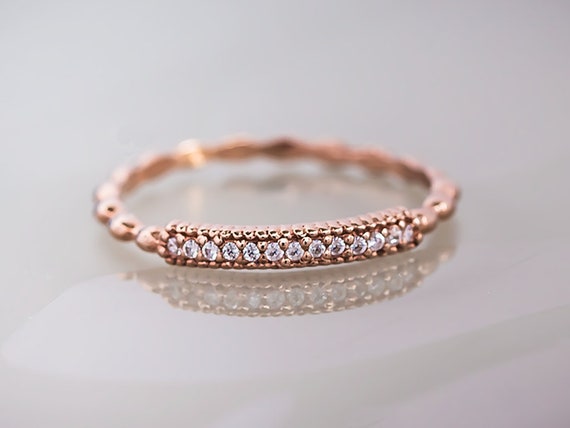 14K Solid Gold Beaded Ring Minimalist Dainty Bead Stacking Matching Ring