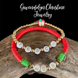 Teacher gifts /Teacher jewelry teacher gifts/ apple bracelet/heishi bracelets/ name bracelet