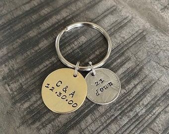 Anniversary personalized gift - penny keychain-21 year anniversary gift- -anniversary gift - stamped keychain - personalized keychain/-