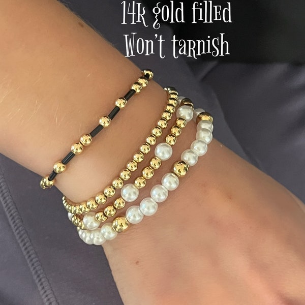 Bochelli 14k Solid Gold 4mm Bead Stretch Bracelet - Yellow Or Rose Gold, Handmade