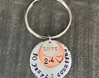 Anniversary gift - penny keychain-10 year anniversary gift-  birthday gift -anniversary gift - stamped keychain - personalized keychain