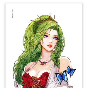 Puede incluir: Una ilustración digital de una mujer con el pelo largo verde que lleva una corona, un corpiño rojo y dorado con rosas y una túnica blanca que fluye. Dos mariposas azules están en su hombro.
