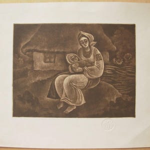1984 Stampa monocromatica originale ucraina in mezzatinta Ninnananna di Ivan Kryslach Ucraina