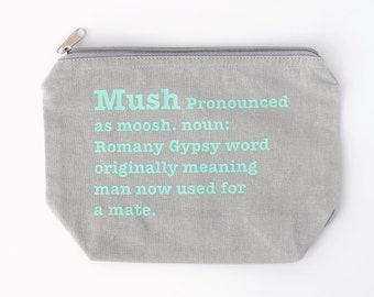 MUSH definition canvas make up/cosmetic/wash bag grey with mint green text