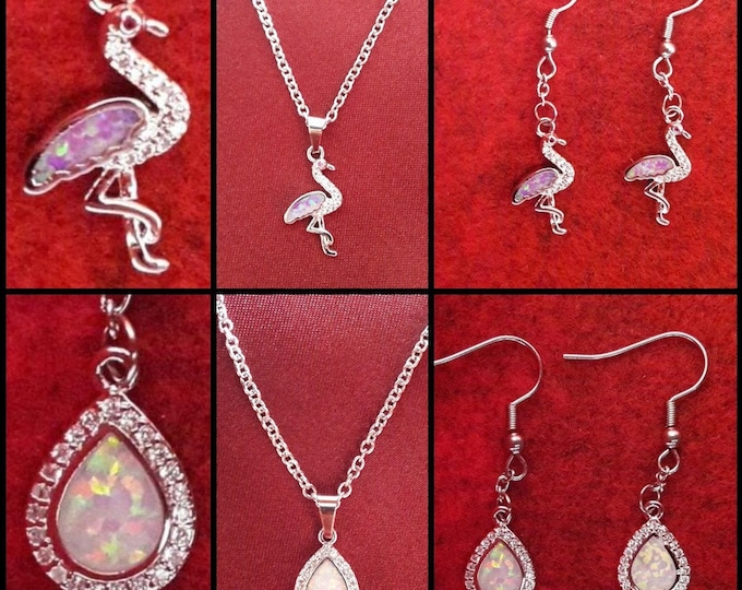 Flamingo and Iris Drop Necklace and Earrings