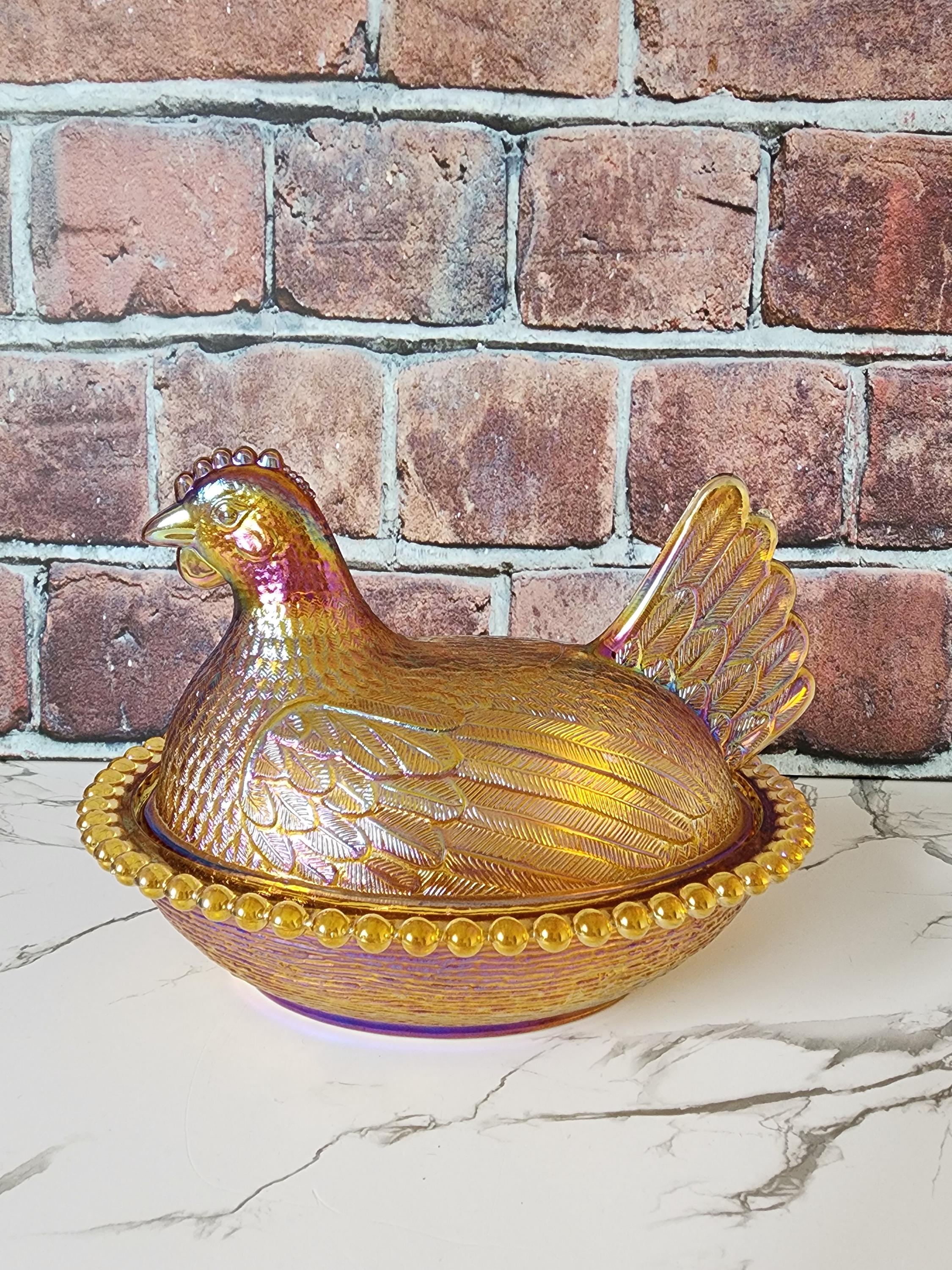 Vintage Indiana Glass Iridescent Gold Hen on Nest - Etsy