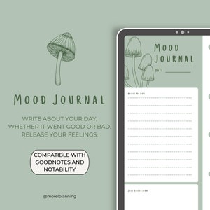 May include: A digital planner template with a green background and a mushroom illustration. The template is titled "Mood Journal" and includes sections for "About My Day" and "Self Reflection".