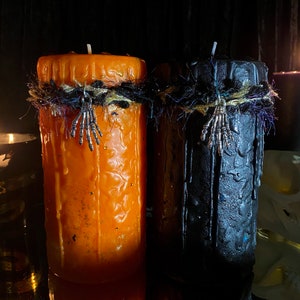 Witchy Black and Orange Samhain Decor Candle Pair