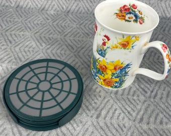 Conjunto de 4 porta-copos geométricos com suporte – Verde e cinza, decoração de mesa