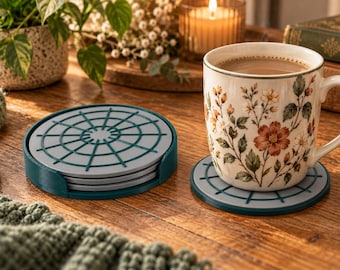 Conjunto de 4 porta-copos geométricos com suporte – Cinza e verde, decoração de mesa