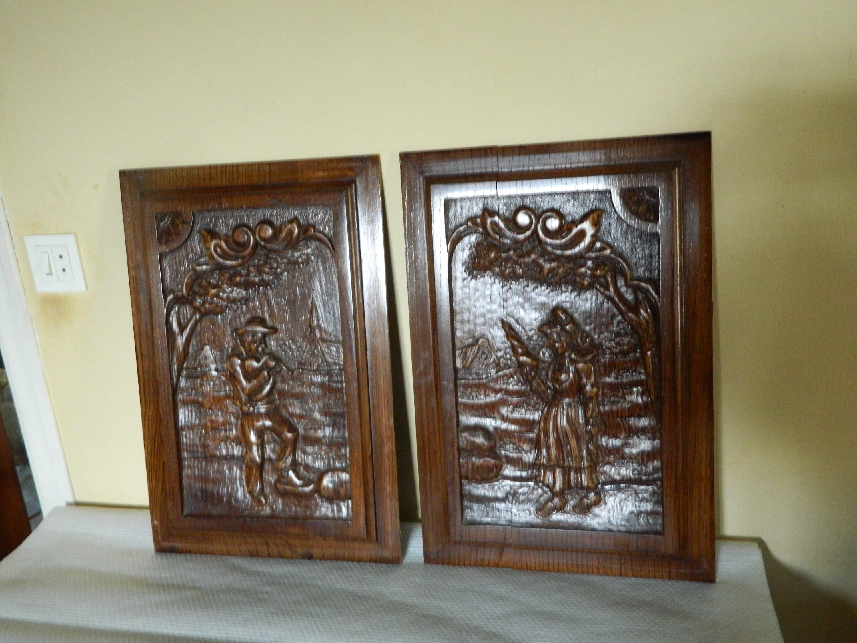 Objets Décoratifs Vintage, Art Mural en Panneaux de Bois Sculpté, Sculptures Bretonnes, Français Réc