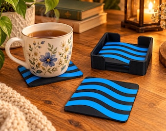 Conjunto de 4 porta-copos azuis e pretos com suporte – Decoração de mesa moderna