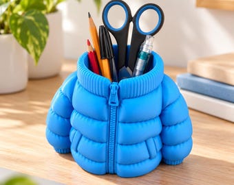 Porta-lápis azul – Organizador de mesa original, porta-canetas em formato de jaqueta puffer