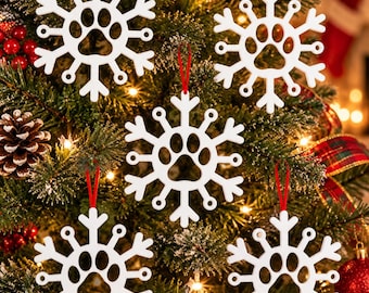 Conjunto de 5 enfeites de Natal em formato de pata de cachorro branca – flocos de neve para pendurar na sua árvore de Natal.