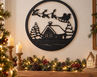 Decoração de parede natalina Papai Noel e Renas – Chalé de Natal, Enfeite redondo preto para pendurar