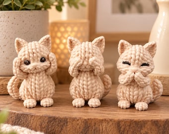 Conjunto de 3 figuras de gatos - Gatos Sábios com efeito tricotado, decoração e presente para amantes de gatos.