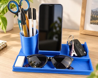 Organizador de mesa com suporte para celular – Porta-lápis, porta-canetas e compartimento azul para guardar objetos.