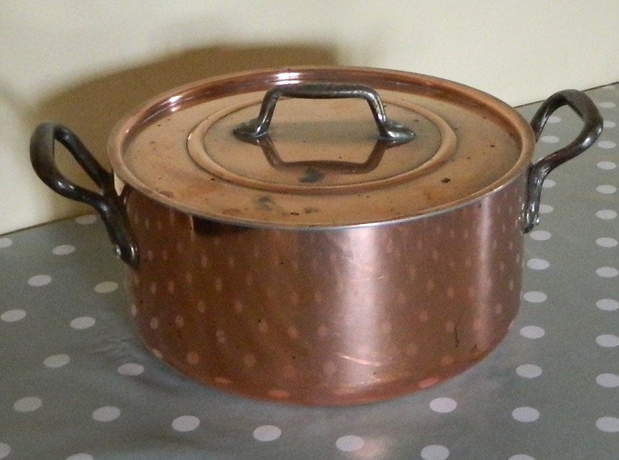 Vintage Set of 3 Antique French Kitchen Sauce Pans Copper Kitchen Accents Copper French Antique Sauce Pan and Casserole~ Brass And Copper
