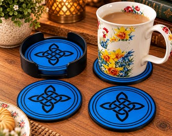 Conjunto de 4 porta-copos com estampa celta e suporte – Azul e preto, decoração de mesa