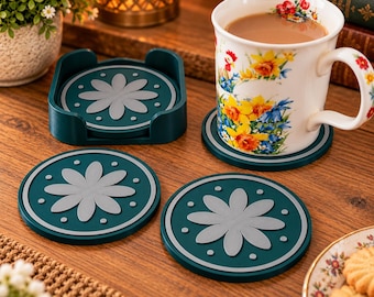Conjunto de 4 porta-copos em formato de flor com suporte – Verde e cinza, decoração de mesa