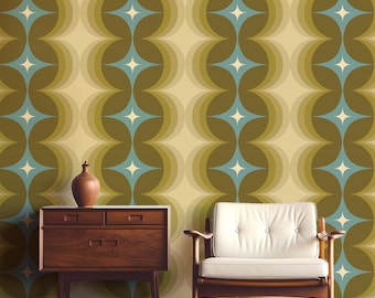 Retro Diamant- och Ovaltapet: Olivgrön, Blå, Vintage Mid Century Modern