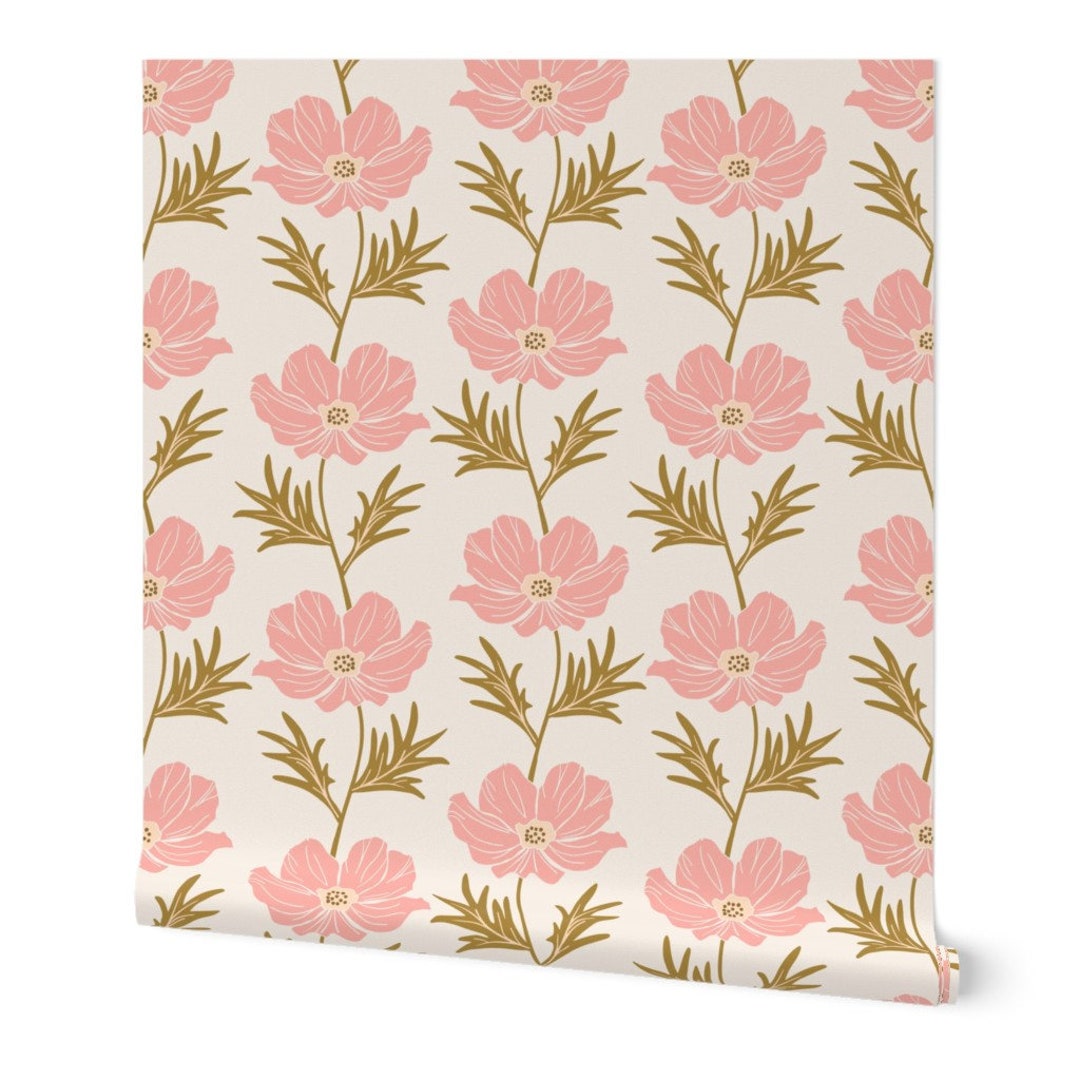 Pink Floral Peel and Stick Wallpaper, Hand Drawn Botanical Cottagecore ...
