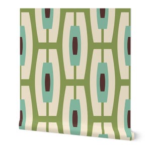 May include: A roll of wallpaper with a repeating geometric pattern. The design features light green, teal, and brown oval shapes against a cream background, connected by green lines. The wallpaper is rolled up.