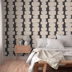 Carta da parati moderna Mid Century Textured Retro Rounded Rectangles, Bianco sporco e nero, Peel and Stick Mid Mod, Stile vintage, Bold Retro