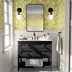Carta da parati con palme / Retro ritagliata / Tropical Mid Century Modern / Bicolore / Verde pera su bianco crema / Rimovibile staccando e attaccando