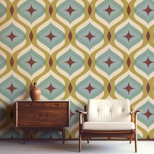 Mid Century Modern Tapete / Retro Rauten Tropfen Geometrisch / Blaugrün, Cremeweiß, Olivgrün, Braun, mit Klebestift entfernbar