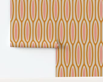 Mid Mod Tethered Ovals Geometric Striped Wallpaper: Mustard Yellow Pink and Cream Background (Removable)