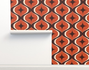 Papel pintado retro de estrellas y líneas onduladas de los años 70, marrón, naranja y marfil, autoadhesivo.