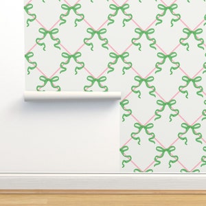 Preppy green coquette bows on pink lattice background, Grandmillenial, Peel Stick Removable Wallpaper, Kids Wallpaper, girl bedroom decor