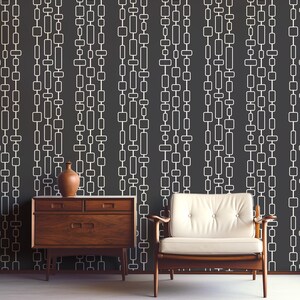 Papier peint moderne, formes géométriques du milieu du siècle, rayures blanc cassé sur noir, thème vintage rétro, amovible, papier peint de salle de bain