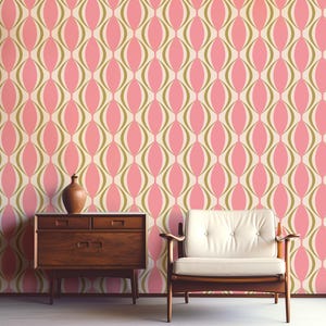Carta da parati retrò - Carta da parati geometrica ovale a strisce vintage curve e moderna di metà secolo - Rosa, verde oliva, crema - Carta da parati rimovibile Peel Stick, metà secolo