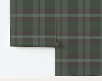 Dark Green Plaid Removable Wallpaper, Large Scale, Cabin Decor
