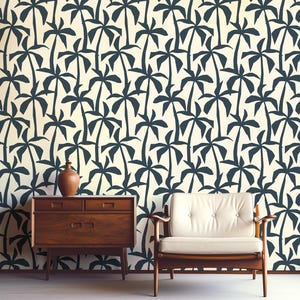 Palm Tree Wallpaper, Retro Mid Century Modern, Navy on Cream, Peel and Stick