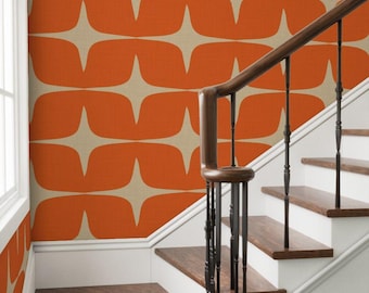 Modern Geometric Wallpaper: Removable  Faux Linen Texture, Orange on Warm Cream
